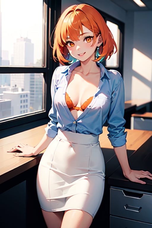 1girl, smile,
short haircut, orange hair, orange eyes,
white shirt, pencil skirt, cleavage, small breasts
in office,
(best quality), colorful, vibrant colors, masterpiece, high contrast, detailed, best quality, high resolution,