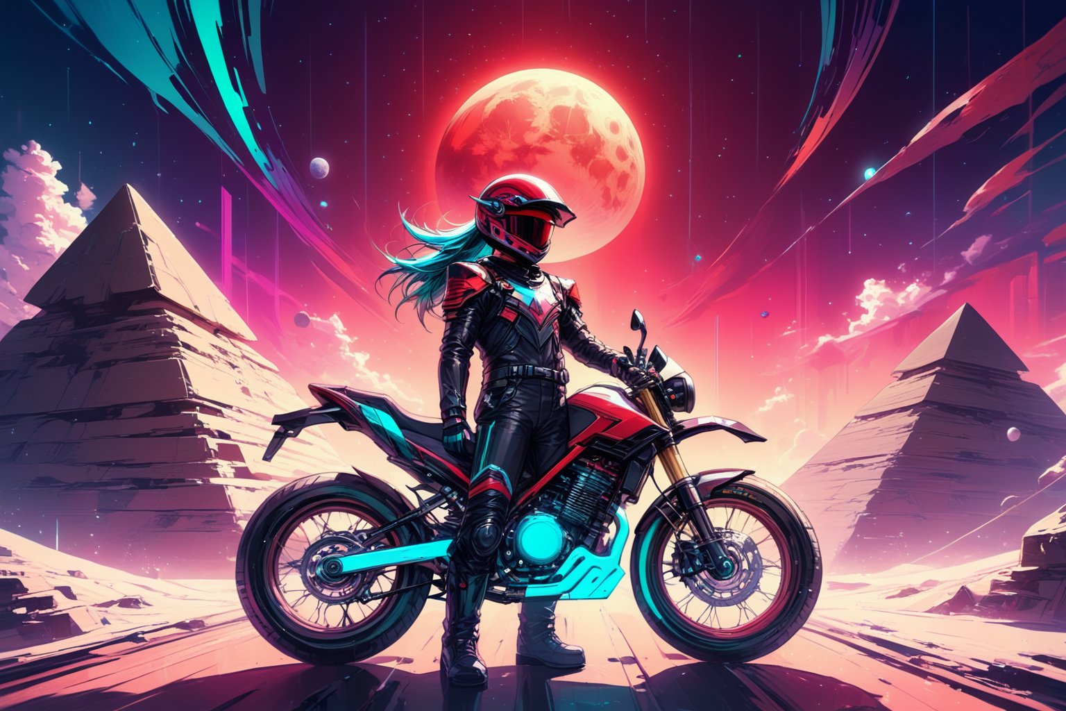 Inverse reality future space biker, subtle neon glitch, mesmerising pyramidic landscape with twilight cyan sky and rising scarlet-red moon