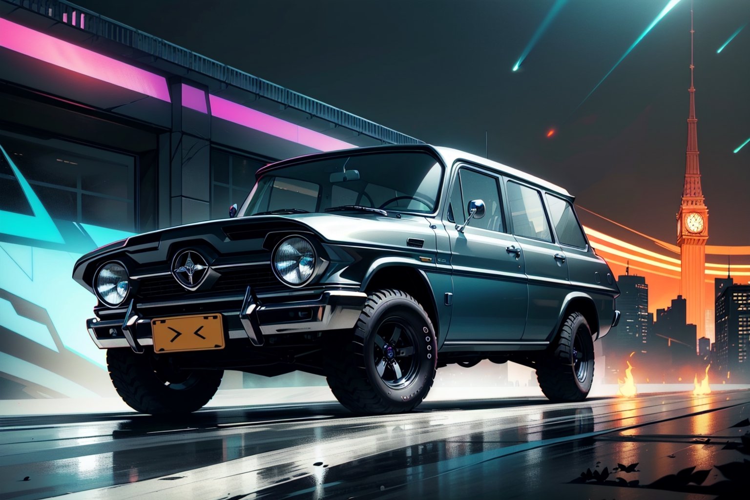 dark bluish-dark-gray metallic 4x4 1960s SUV in motion, fantasy, no logo, urban, 1960s, worm colors, a small building, High detailed, Color magic, Saturated colors, Color saturation, Realism, 8K, HD