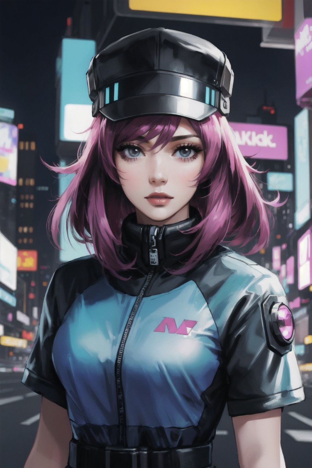 Beautiful woman medium hair, wearing cap, cyberpunk style short clothes