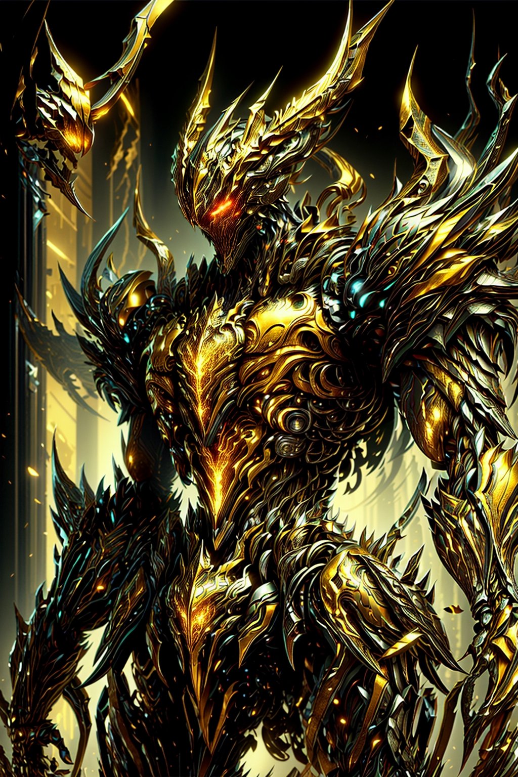 (masterpiece:1.2), best quality, high resolution, unity 8k wallpaper, (illustration:1.0), beautiful detailed, extremely detailed, perfect lighting, extremely detailed CG,glowing eyes, Heavy Mech,skeleton armor,(golden black),full_armor,warframe,horns, fake horns, red eyes, global ray tracing, looking at the viewer,solo,perspective,draconictech