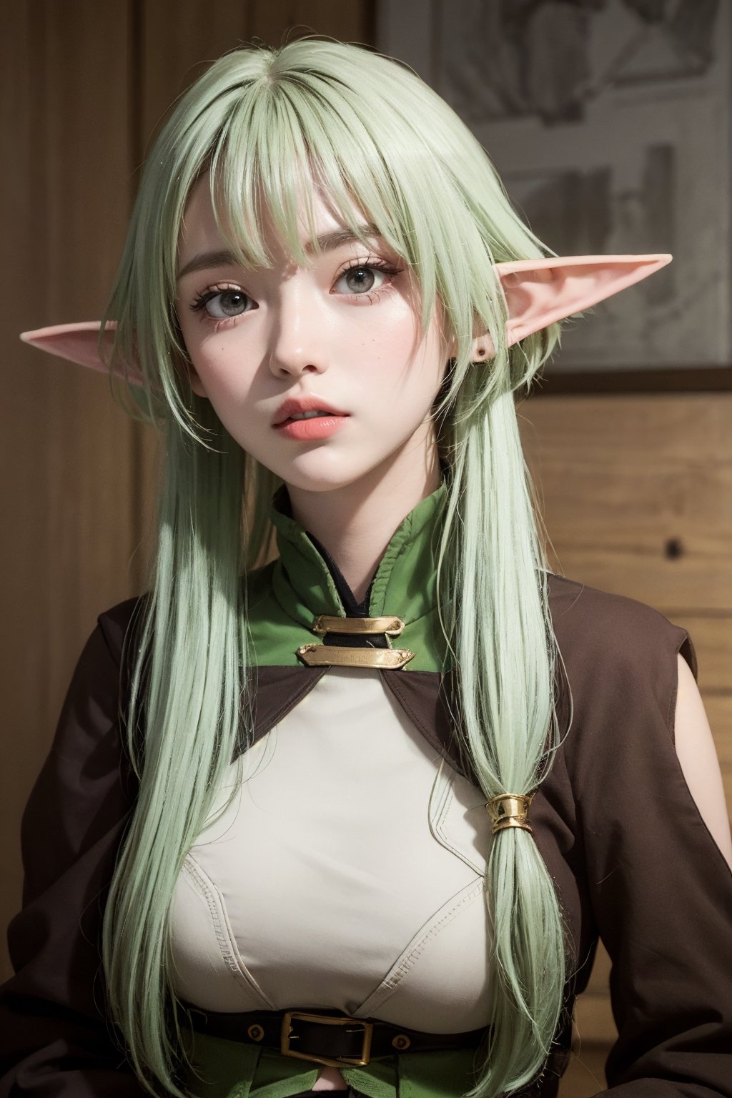 (masterpiece), (best quality), (ultra detailed),(illustration), (1girl),looking at viewer, (interview),beautiful detailed eyes, delicate beautiful face, Floating,(high saturation),(shining), cowboy shot,high elf archer, elf, (green eyes:1.4), green hair, hair between eyes, long hair, pointy ears, sidelocks, (breast), shorts, thighhighs, asymmetrical clothes, upper body, close-up shot, detailed face, portrait