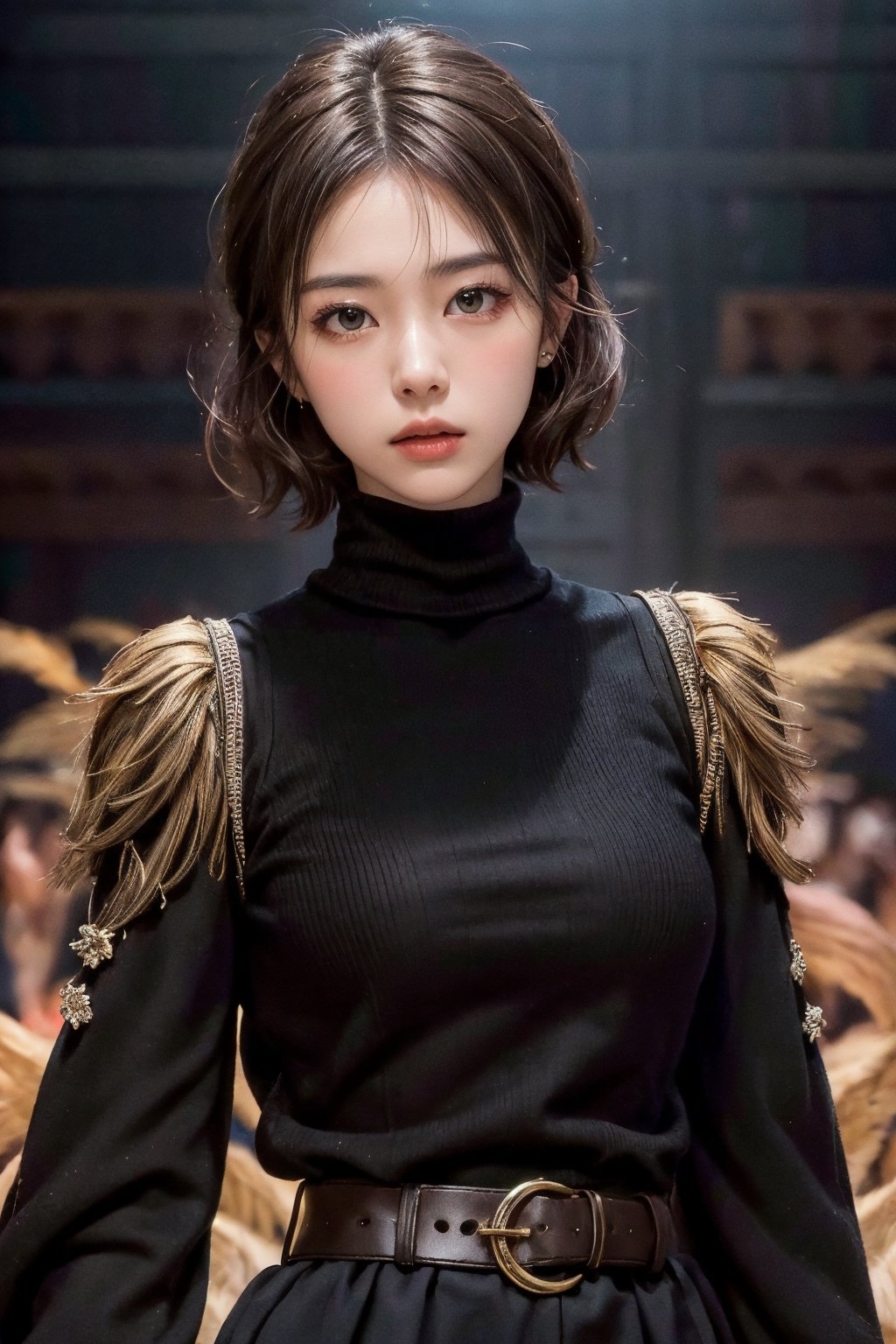 short brown hair, 1girl, accessories, piercing, intricate background, fantasy, mythical, misterious, masterpiece, best quality, dynamic angle, cinematic composition, detailed face, fire bang background, lace ,catwalk, turtleneck, close shoot, (deep of field)