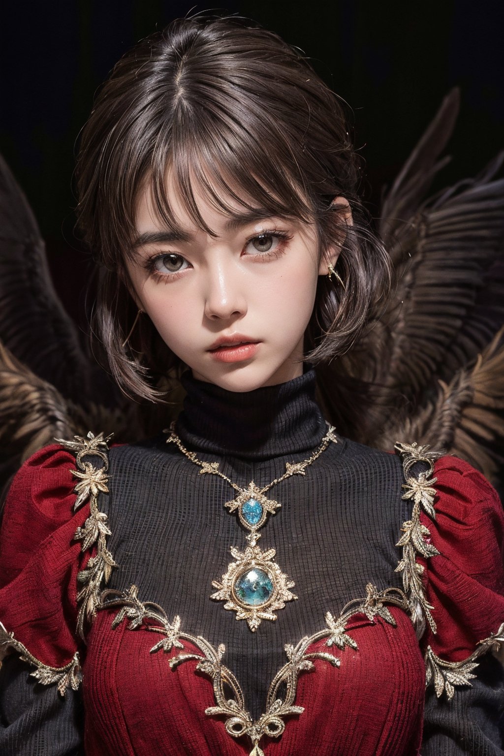 short brown hair, 1girl, accessories, piercing, intricate background, fantasy, mythical, misterious, masterpiece, best quality, dynamic angle, cinematic composition, detailed face, fire bang background, lace ,catwalk, turtleneck, close shoot, (deep of field)