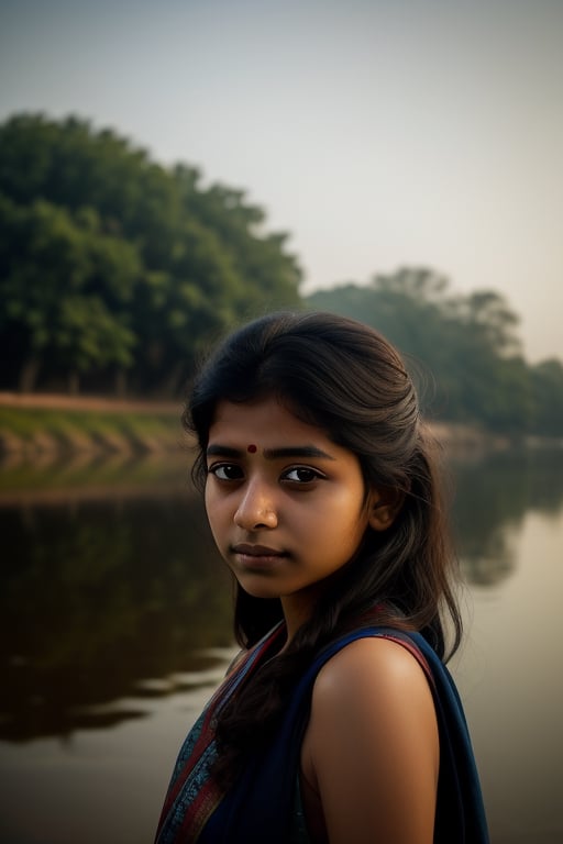 Provide detailed description of an Indian girl, captured a photography style, against tranquil background.t.