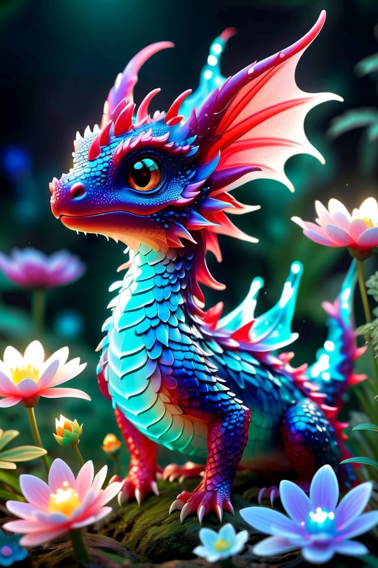 a close up of a tiny fairies dragon in a field of dewy flowers and plants, fantasy gorgeous (((bioluminescent:: translucent))) red and blue lighting, adorable glowing creature, cute little dragon, neon glow concept art, fantasy bioluminescent lighting, crystal dragon, dragon design language, cgsociety 9, glowing neon vray, vfx art, dragon portrait.