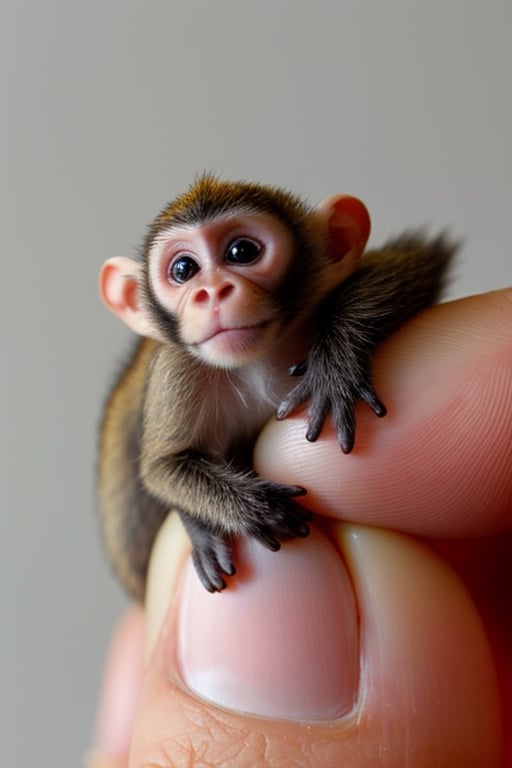 Realistic image photography if a super tiny size cute monkey, (1 cm size), there tiny monkey, is on a finger