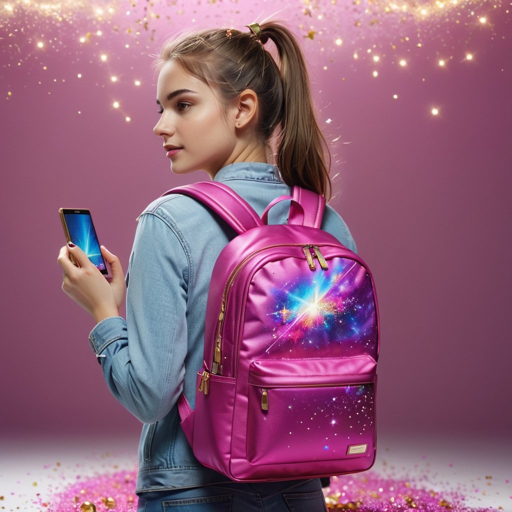 Realistic image photography of a modified women's backpack with the appearance of a Nokia Phone, all components are arranged very similar to a Nokia Phone, with dominant colors gold and magenta, on the screen there is a picture of a beautiful girl, flower effects, light stars splashing, worn by a girl. clean room background, ultra HD 8K.