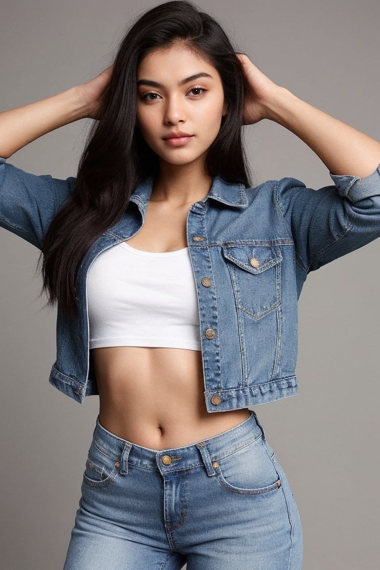 super cute Indian woman wear jeans and crop tops hair flowing with hands pose