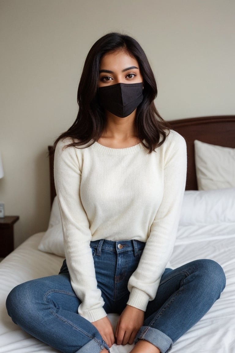 super cute Indian woman dark brown hair wear jeans and top face cover with mask sitting on bed