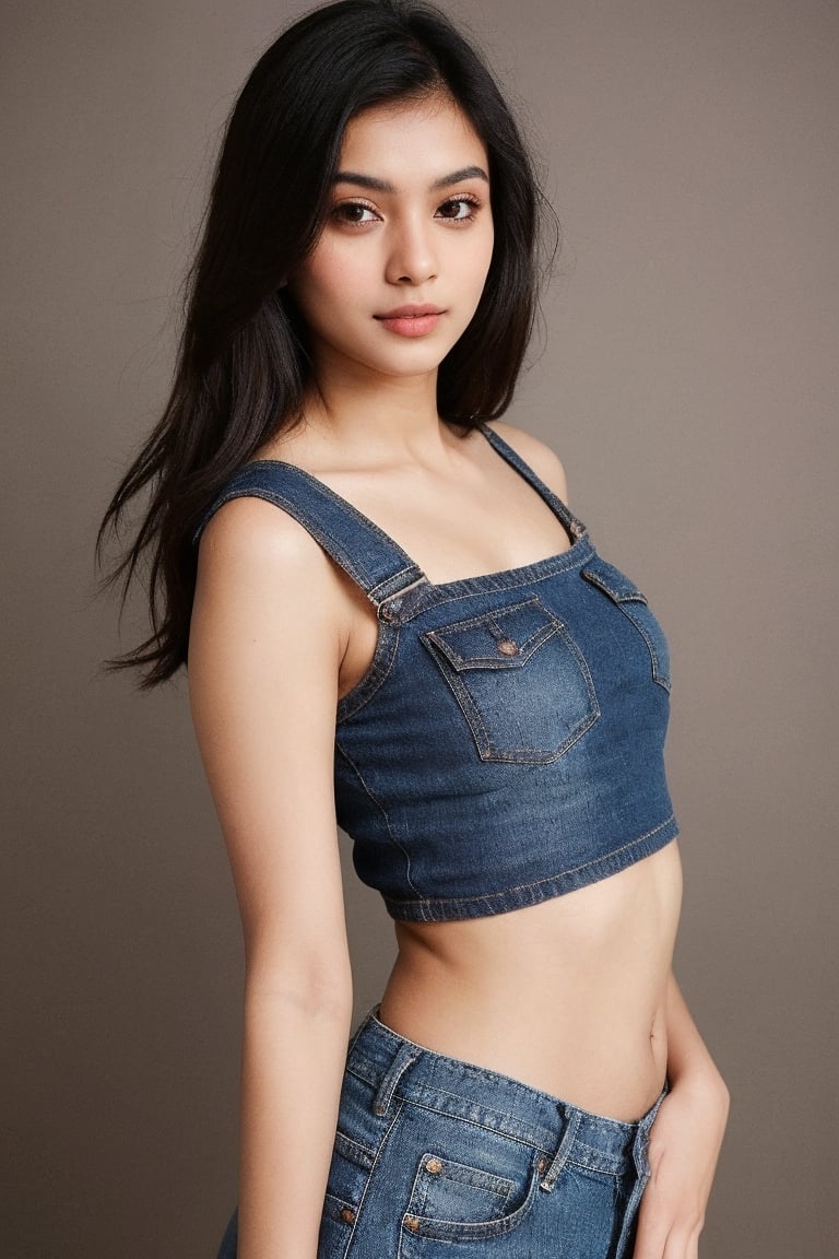 super cute Indian woman dark brown hair wear jeans and crop tops blur background 