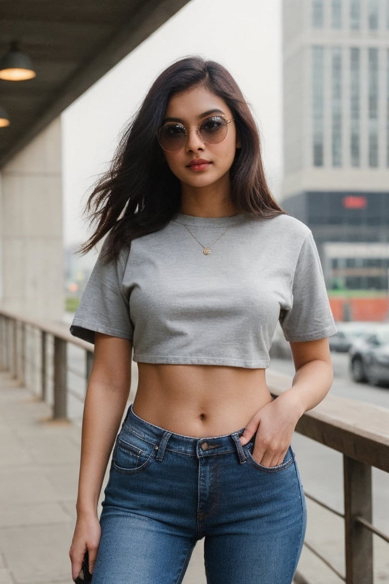 super cute Indian woman dark brown hair wear jeans and crop tops at big buildings blur 