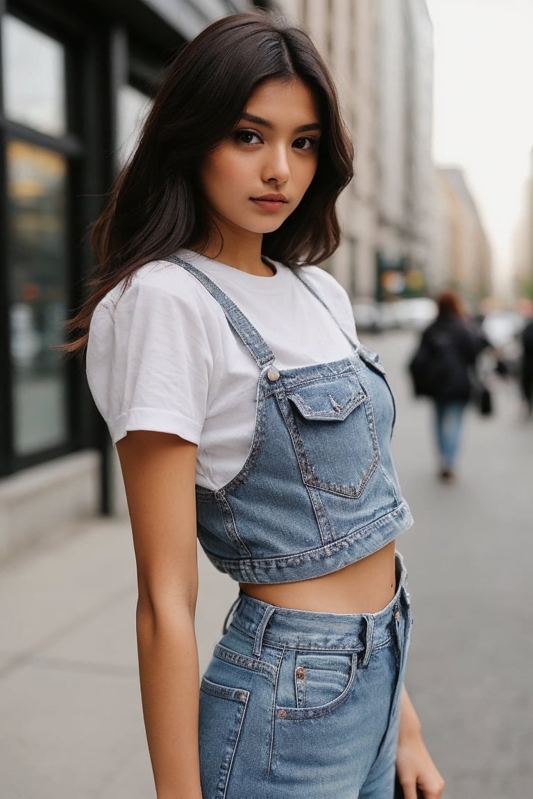 super cute Indian woman dark brown hair wear jeans and crop tops big buildings blur background 