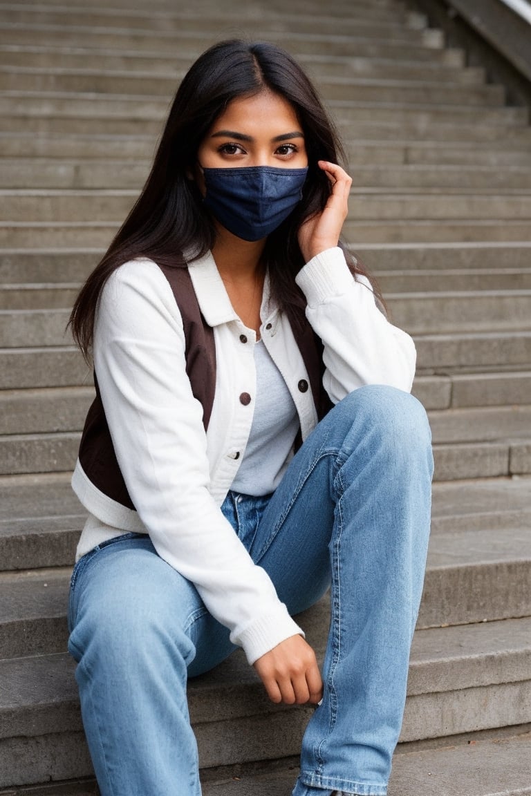 super cute Indian woman dark brown hair wear jeans and jacket face cover with mask sitting on stair of society stairs 