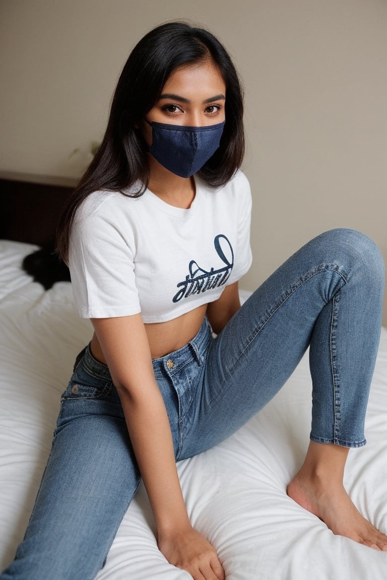 super cute Indian woman dark brown hair wear jeans and crop tops face cover with mask sitting on bed