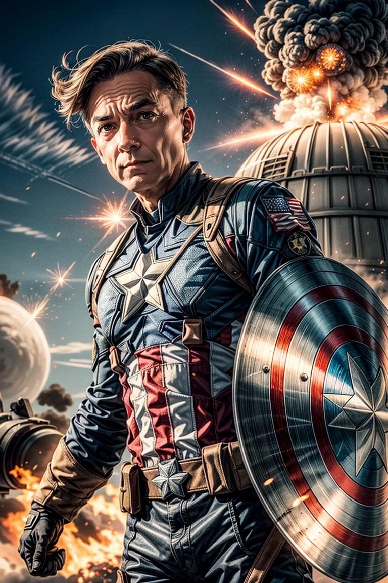 1man, J. Robert Oppenheimer wearing a Captain america costume.Face is visible,Atomic blast in the background, J. Robert Oppenheimer, the face of J. Robert Oppenheimer,