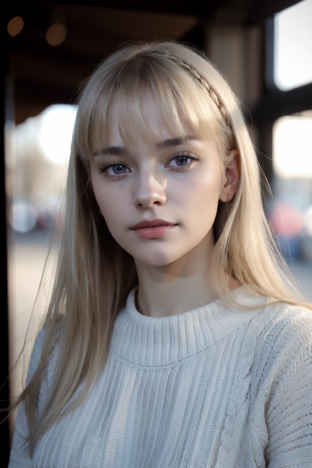 1girl, young, Close-up, (beautiful girl, no make up), (Age 25), (happy, light blonde hair, hair , parted bangs, London, England, dusk:1.2), , HD, lens flare, cable knit sweater, pleated skirt, and loafers, looking at viewer, (RAW Photo, cg unity, photography, ultra realistic details, sharp focus, detailed skin,4k, high-res, masterpiece, best quality:1.1), (realistic, photo-realistic:1.37) (8k,4k, UHD, high resolution, professional, cinematic, movie, dramatic, noise), (detailed background:1.25), bokeh anamorphic depth of field blur background