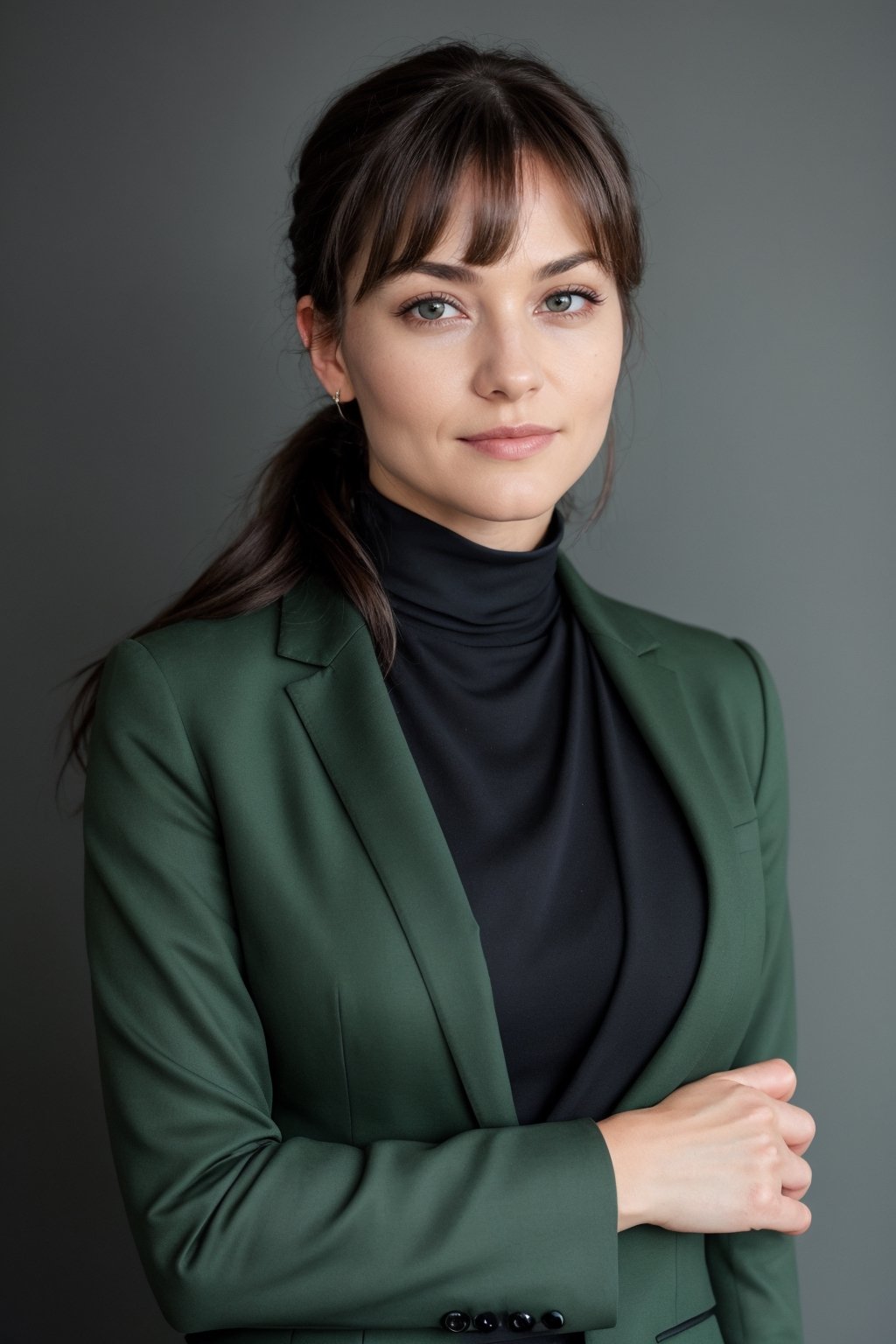 a photo of a cute 35-year-old woman, dgmochav2_TI, professional portrait photo,Slack-jawed awe look on face, high neck Emerald Kashmiri Pashmina Suit, high ponytail and bangs, black hair, green eyes, soft lighting, solo, background of Tech Startup