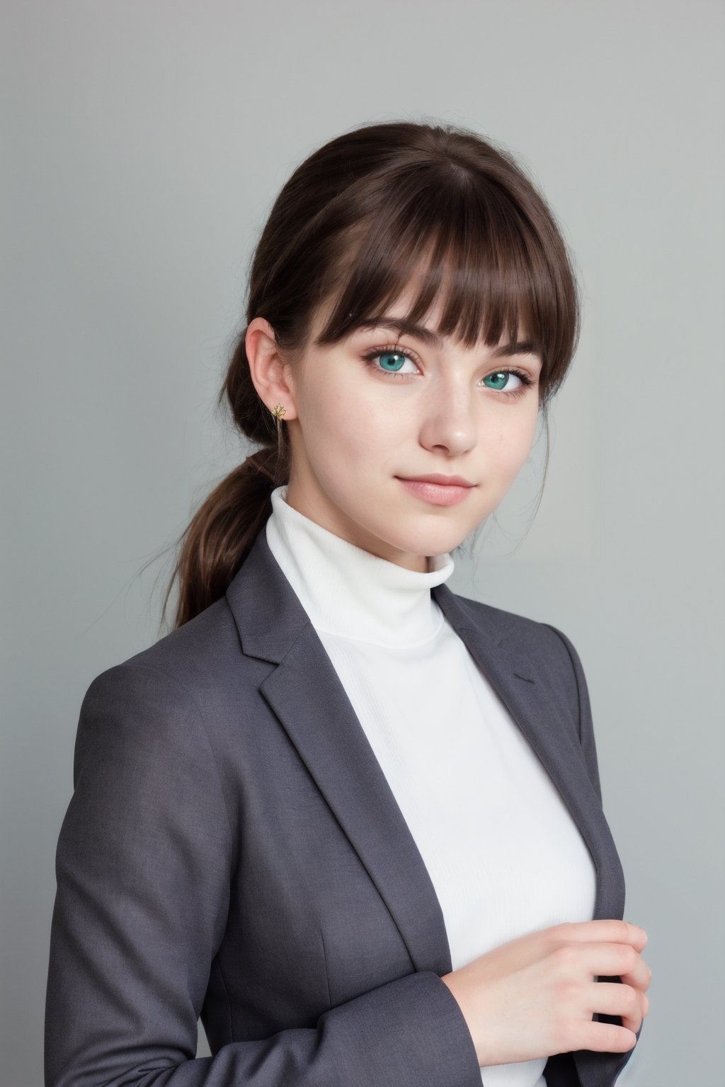 a photo of a cute 20-year-old woman, dgmochav2_TI, professional portrait photo,Slack-jawed awe look on face, high neck Emerald Kashmiri Pashmina Suit, high ponytail and parted bangs, brown hair, steelblue eyes, soft lighting, solo, background of Tech Startup