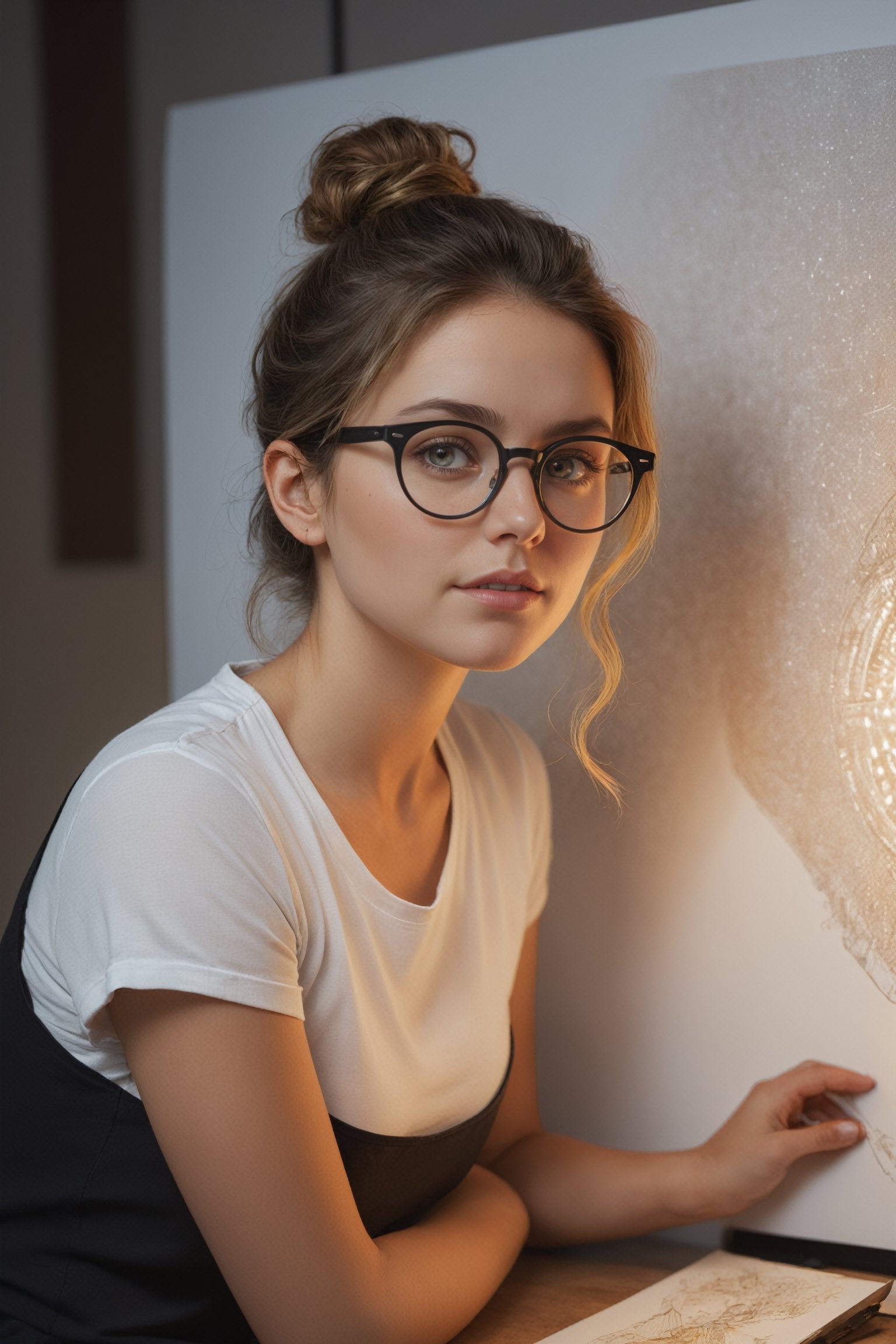 (((masterpiece))), (((best quality))), ((ultra-detailed)), (illustration), (full body), Side view, (detailed light),((an extremely delicate and beautiful)),( beautiful detailed eyes), a 40 year old woman, in her studio, sitting in front of a drawing board illuminated by the light of a flexo, drawing a surealistic image, walls decorated with drawings, wearing a short white t-shirt and black shorts, small round glasses, Curly dark blond hair tied in a ponytail, Warm atmosphere, only illuminated by the dashboard lamp.