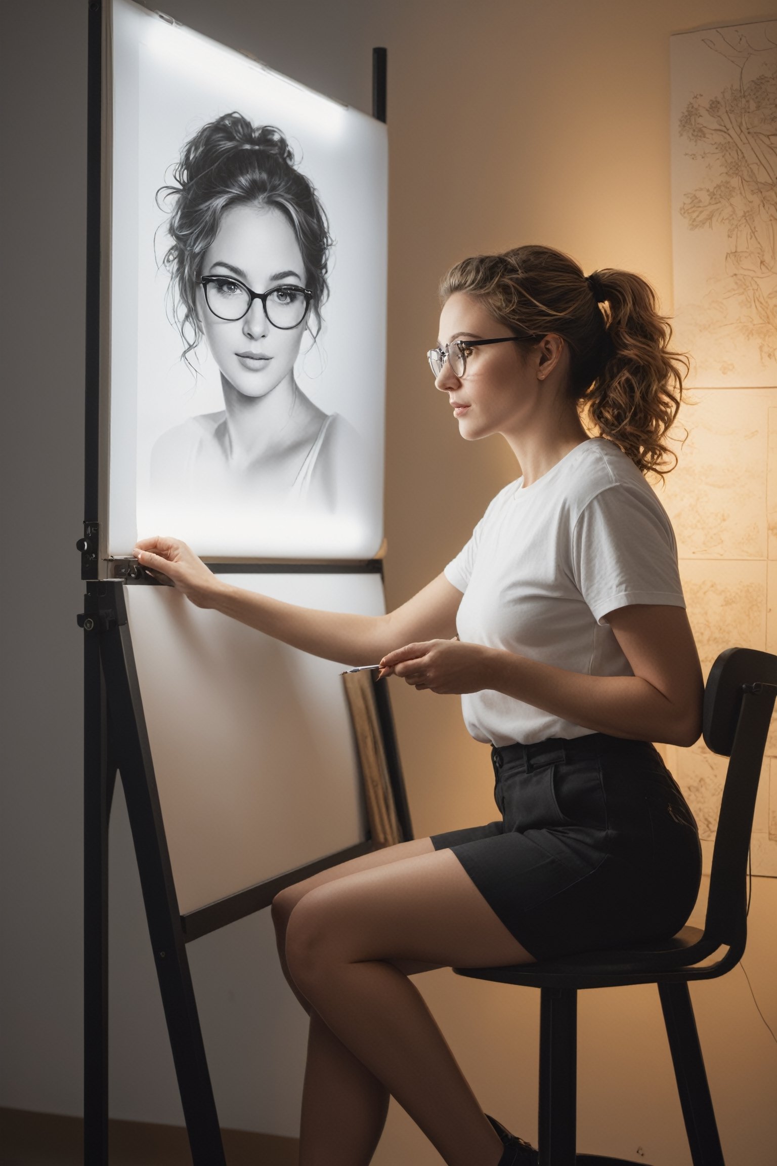 (((masterpiece))), (((best quality))), ((ultra-detailed)), (illustration), (full body), Side view, (detailed light),((an extremely delicate and beautiful)),( beautiful detailed eyes), a 40 year old woman, in her studio, sitting in front of a drawing board illuminated by the light of a flexo, drawing a surealistic image, walls decorated with drawings, wearing a short white t-shirt and black shorts, small round glasses, Curly dark blond hair tied in a ponytail, Warm atmosphere, only illuminated by the dashboard lamp.