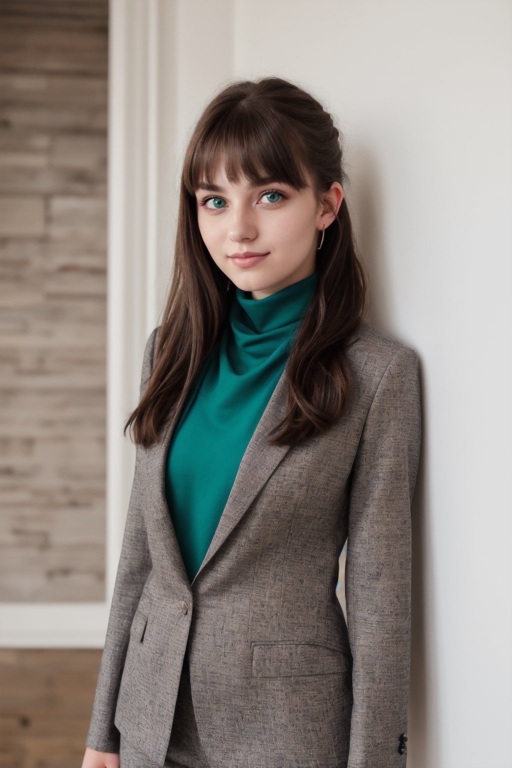 a photo of a cute 20-year-old woman, dgmochav2_TI, professional portrait photo,Slack-jawed awe look on face, high neck Emerald Kashmiri Pashmina Suit, high ponytail and parted bangs, brown hair, steelblue eyes, soft lighting, solo, background of Tech Startup