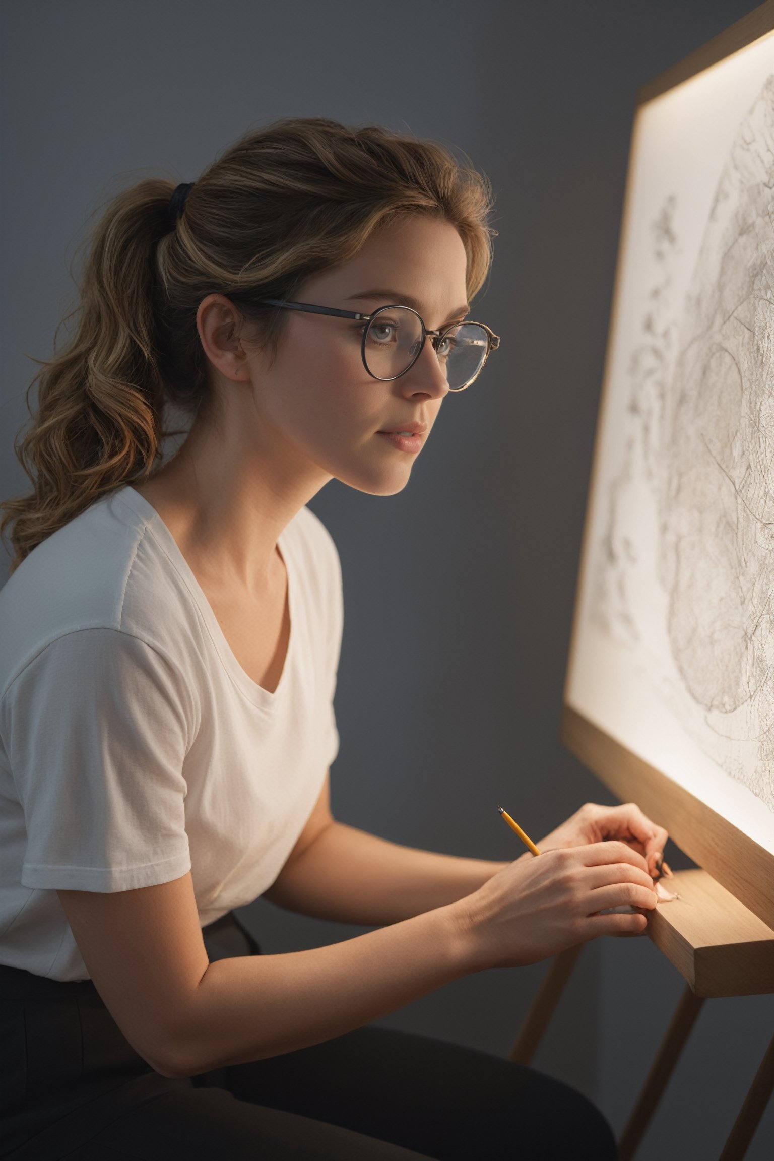 (((masterpiece))), (((best quality))), ((ultra-detailed)), (illustration), (full body), Side view, (detailed light),((an extremely delicate and beautiful)),( beautiful detailed eyes), a 40 year old woman, in her studio, sitting in front of a drawing board illuminated by the light of a flexo, drawing a surealistic image, walls decorated with drawings, wearing a short white t-shirt and black shorts, small round glasses, Curly dark blond hair tied in a ponytail, Warm atmosphere, only illuminated by the dashboard lamp.