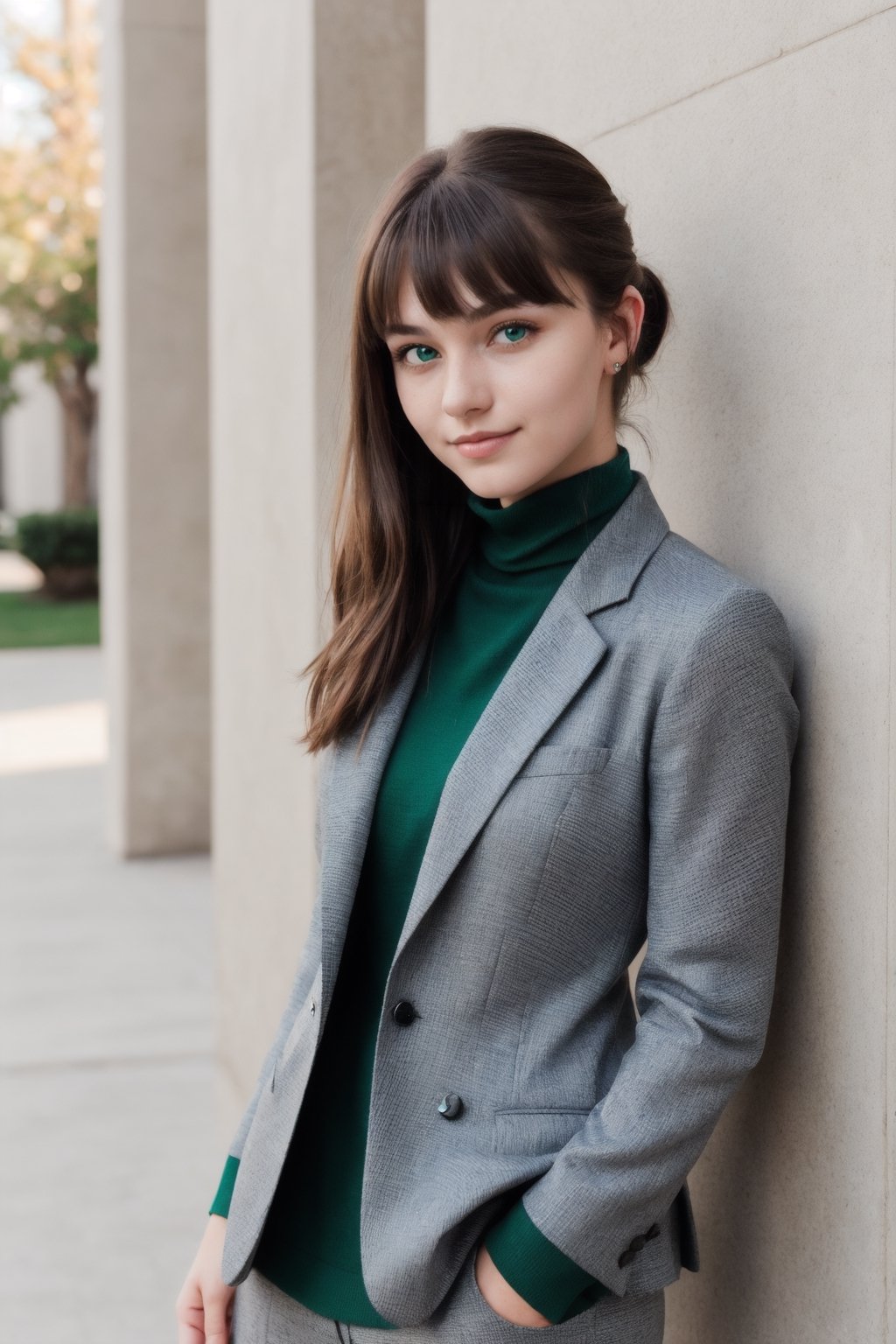 a photo of a cute 20-year-old woman, dgmochav2_TI, professional portrait photo,Slack-jawed awe look on face, high neck Emerald Kashmiri Pashmina Suit, high ponytail and parted bangs, brown hair, steelblue eyes, soft lighting, solo, background of Tech Startup