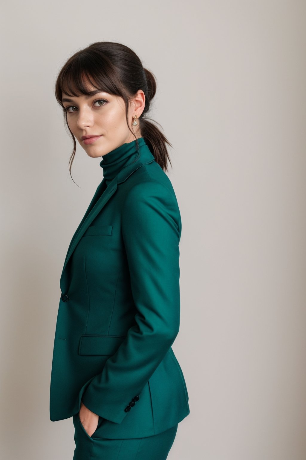 a photo of a cute 35-year-old woman, dgmochav2_TI, professional portrait photo,Slack-jawed awe look on face, high neck Emerald Kashmiri Pashmina Suit, high ponytail and bangs, black hair, green eyes, soft lighting, solo, background of Tech Startup