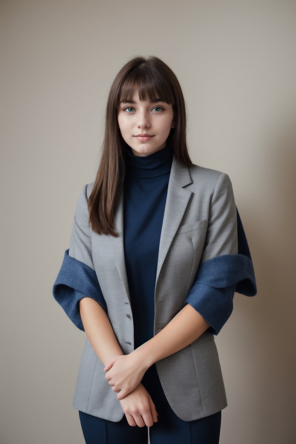 a photo of a cute 20-year-old woman, dgmochav2_TI, professional portrait photo,Slack-jawed awe look on face, high neck Emerald Kashmiri Pashmina Suit, high ponytail and parted bangs, brown hair, steelblue eyes, soft lighting, solo, background of Tech Startup