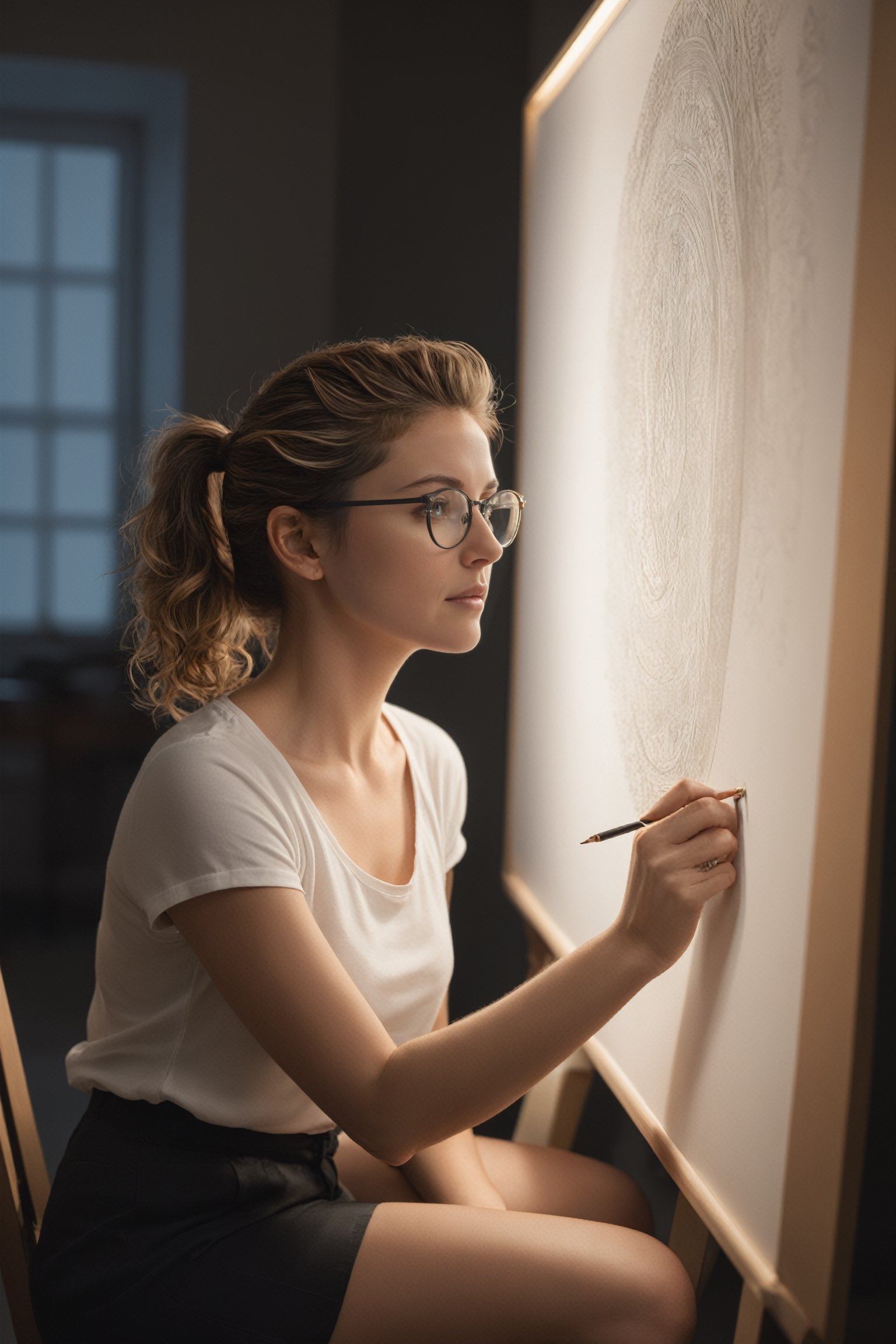 (((masterpiece))), (((best quality))), ((ultra-detailed)), (illustration), (full body), Side view, (detailed light),((an extremely delicate and beautiful)),( beautiful detailed eyes), a 40 year old woman, in her studio, sitting in front of a drawing board illuminated by the light of a flexo, drawing a surealistic image, walls decorated with drawings, wearing a short white t-shirt and black shorts, small round glasses, Curly dark blond hair tied in a ponytail, Warm atmosphere, only illuminated by the dashboard lamp.