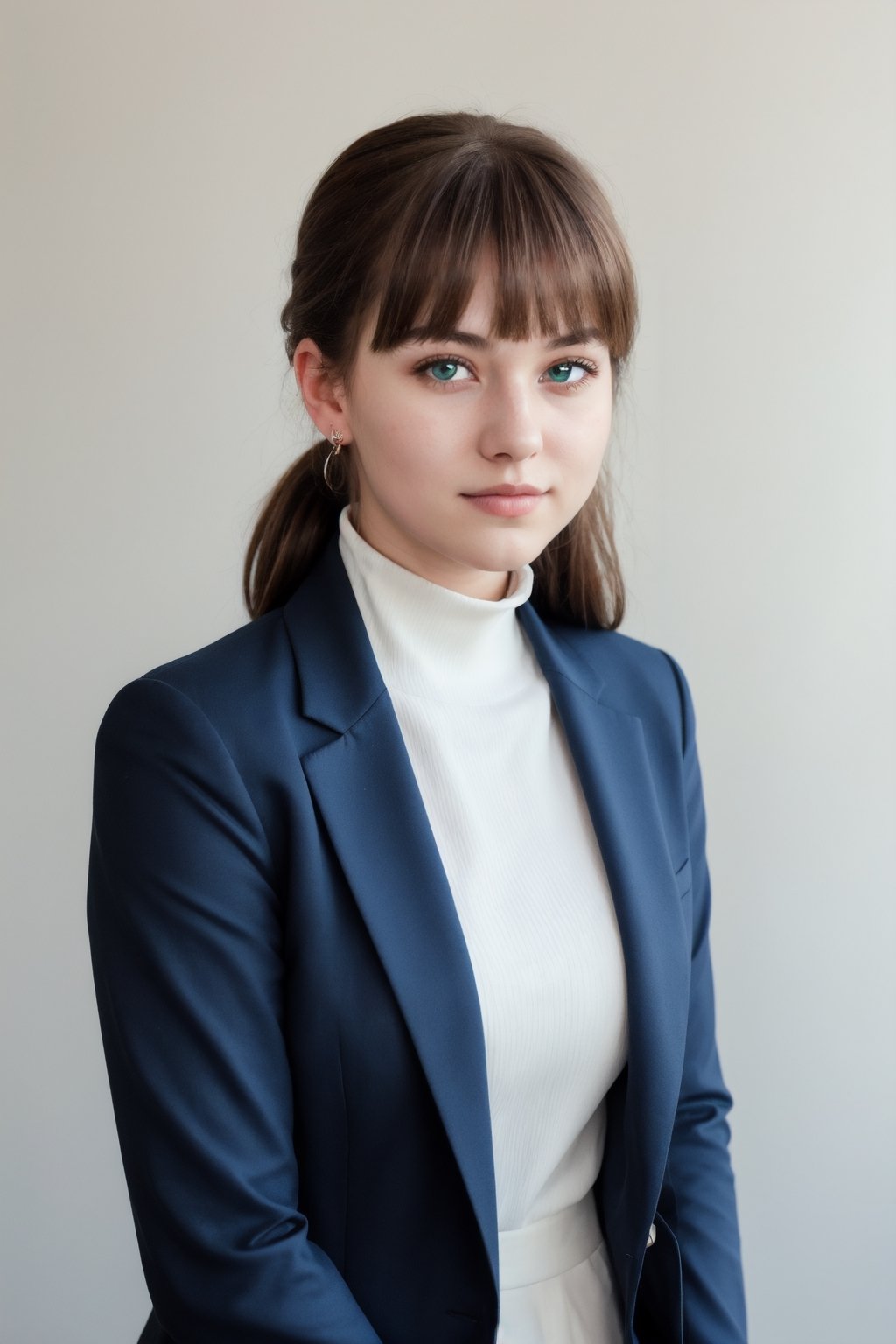 a photo of a cute 20-year-old woman, dgmochav2_TI, professional portrait photo,Slack-jawed awe look on face, high neck Emerald Kashmiri Pashmina Suit, high ponytail and parted bangs, brown hair, steelblue eyes, soft lighting, solo, background of Tech Startup