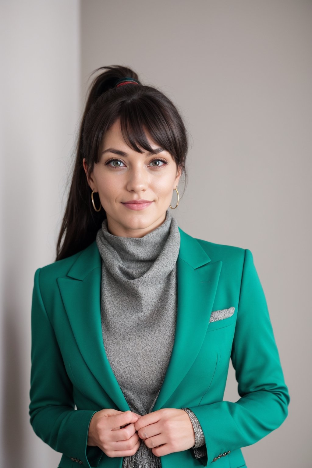 a photo of a cute 35-year-old woman, dgmochav2_TI, professional portrait photo,Slack-jawed awe look on face, high neck Emerald Kashmiri Pashmina Suit, high ponytail and bangs, black hair, green eyes, soft lighting, solo, background of Tech Startup