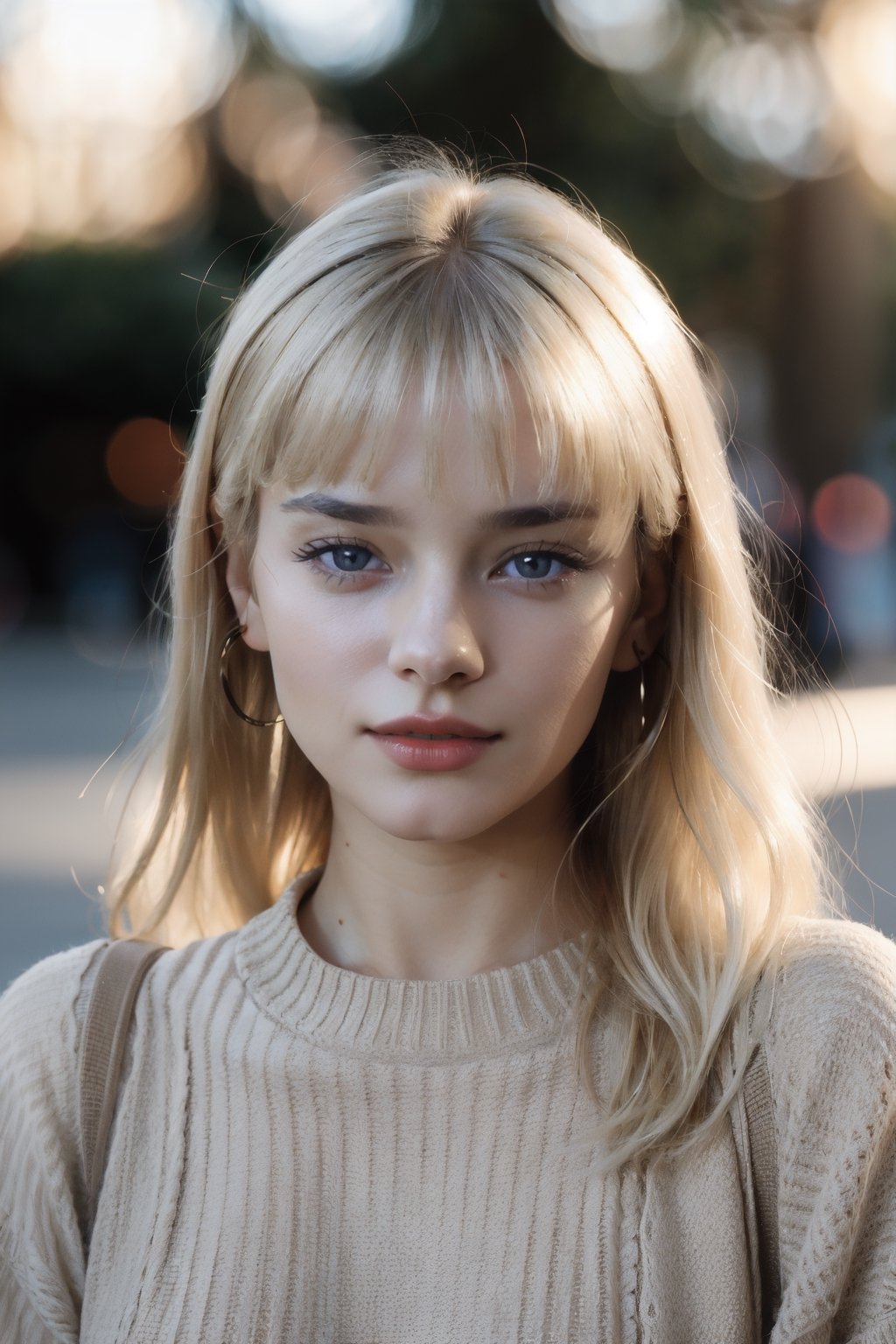 1girl, young, Close-up, (beautiful girl, no make up), (Age 25), (happy, light blonde hair, hair , parted bangs, London, England, dusk:1.2), , HD, lens flare, cable knit sweater, pleated skirt, and loafers, looking at viewer, (RAW Photo, cg unity, photography, ultra realistic details, sharp focus, detailed skin,4k, high-res, masterpiece, best quality:1.1), (realistic, photo-realistic:1.37) (8k,4k, UHD, high resolution, professional, cinematic, movie, dramatic, noise), (detailed background:1.25), bokeh anamorphic depth of field blur background