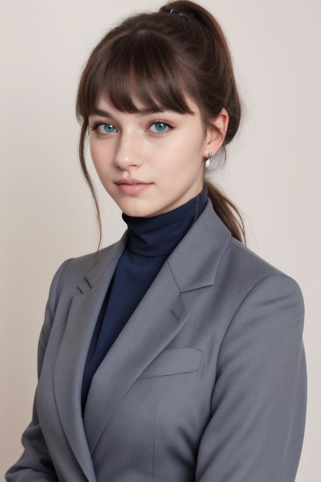 a photo of a cute 20-year-old woman, dgmochav2_TI, professional portrait photo,Slack-jawed awe look on face, high neck Emerald Kashmiri Pashmina Suit, high ponytail and parted bangs, brown hair, steelblue eyes, soft lighting, solo, background of Tech Startup