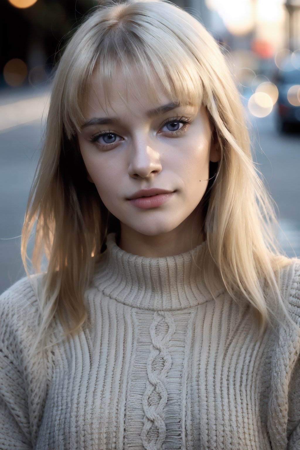 1girl, young, Close-up, (beautiful girl, no make up), (Age 25), (happy, light blonde hair, hair , parted bangs, London, England, dusk:1.2), , HD, lens flare, cable knit sweater, pleated skirt, and loafers, looking at viewer, (RAW Photo, cg unity, photography, ultra realistic details, sharp focus, detailed skin,4k, high-res, masterpiece, best quality:1.1), (realistic, photo-realistic:1.37) (8k,4k, UHD, high resolution, professional, cinematic, movie, dramatic, noise), (detailed background:1.25), bokeh anamorphic depth of field blur background