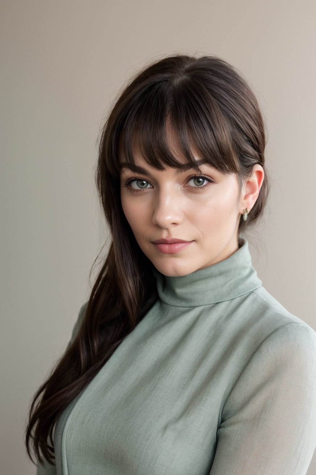 a photo of a cute 35-year-old woman, dgmochav2_TI, professional portrait photo,Slack-jawed awe look on face, high neck Emerald Kashmiri Pashmina Suit, high ponytail and bangs, black hair, green eyes, soft lighting, solo, background of Tech Startup