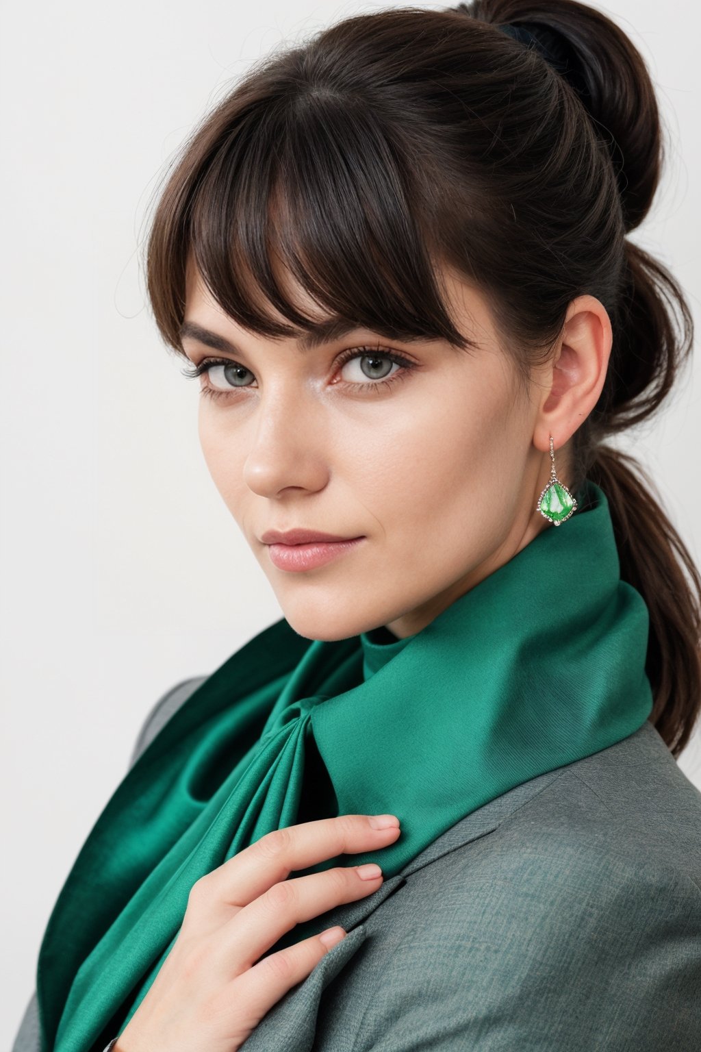 a photo of a cute 35-year-old woman, dgmochav2_TI, professional portrait photo,Slack-jawed awe look on face, high neck Emerald Kashmiri Pashmina Suit, high ponytail and bangs, black hair, green eyes, soft lighting, solo, background of Tech Startup