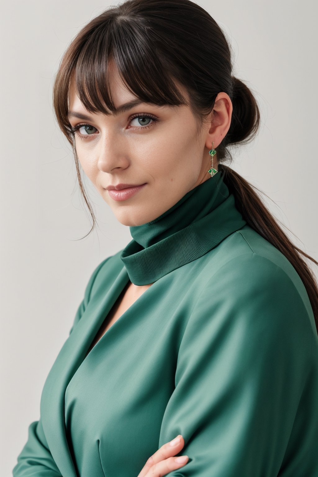 a photo of a cute 35-year-old woman, dgmochav2_TI, professional portrait photo,Slack-jawed awe look on face, high neck Emerald Kashmiri Pashmina Suit, high ponytail and bangs, black hair, green eyes, soft lighting, solo, background of Tech Startup