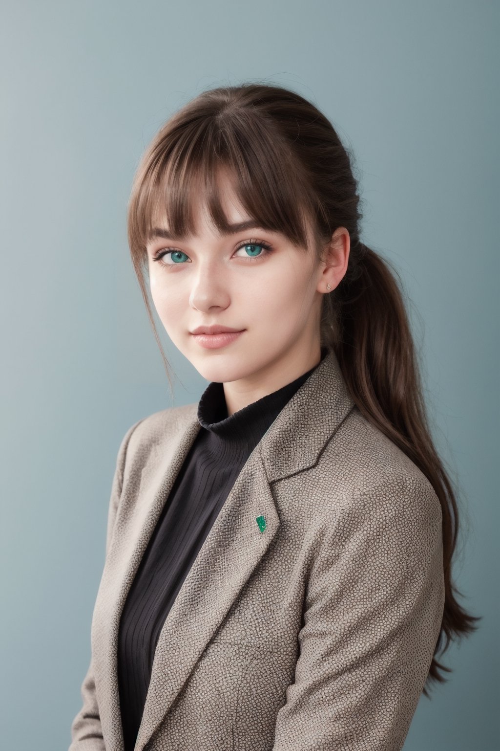 a photo of a cute 20-year-old woman, dgmochav2_TI, professional portrait photo,Slack-jawed awe look on face, high neck Emerald Kashmiri Pashmina Suit, high ponytail and parted bangs, brown hair, steelblue eyes, soft lighting, solo, background of Tech Startup