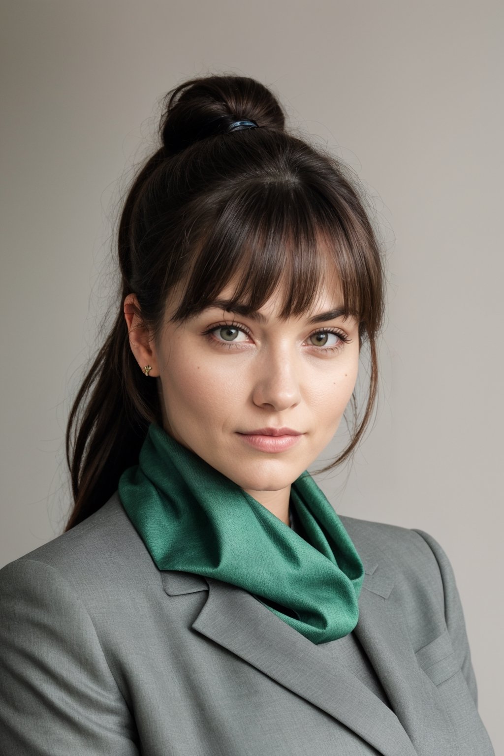 a photo of a cute 35-year-old woman, dgmochav2_TI, professional portrait photo,Slack-jawed awe look on face, high neck Emerald Kashmiri Pashmina Suit, high ponytail and bangs, black hair, green eyes, soft lighting, solo, background of Tech Startup