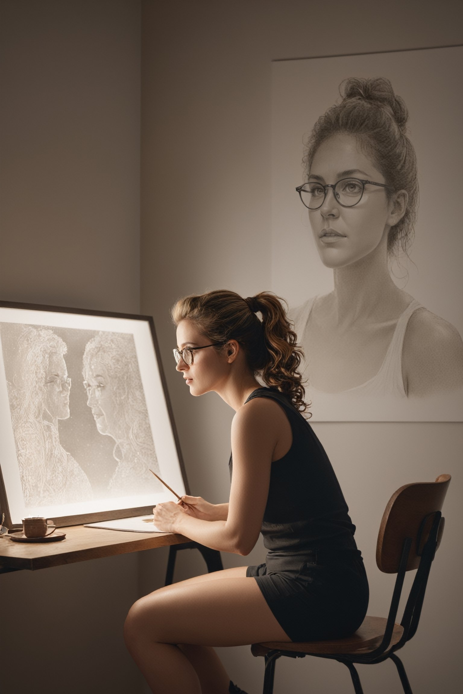 (((masterpiece))), (((best quality))), ((ultra-detailed)), (illustration), (full body), Side view, (detailed light),((an extremely delicate and beautiful)),( beautiful detailed eyes), a 40 year old woman, in her studio, sitting in front of a drawing board illuminated by the light of a flexo, drawing a surealistic image, walls decorated with drawings, wearing a short white t-shirt and black shorts, small round glasses, Curly dark blond hair tied in a ponytail, Warm atmosphere, only illuminated by the dashboard lamp.