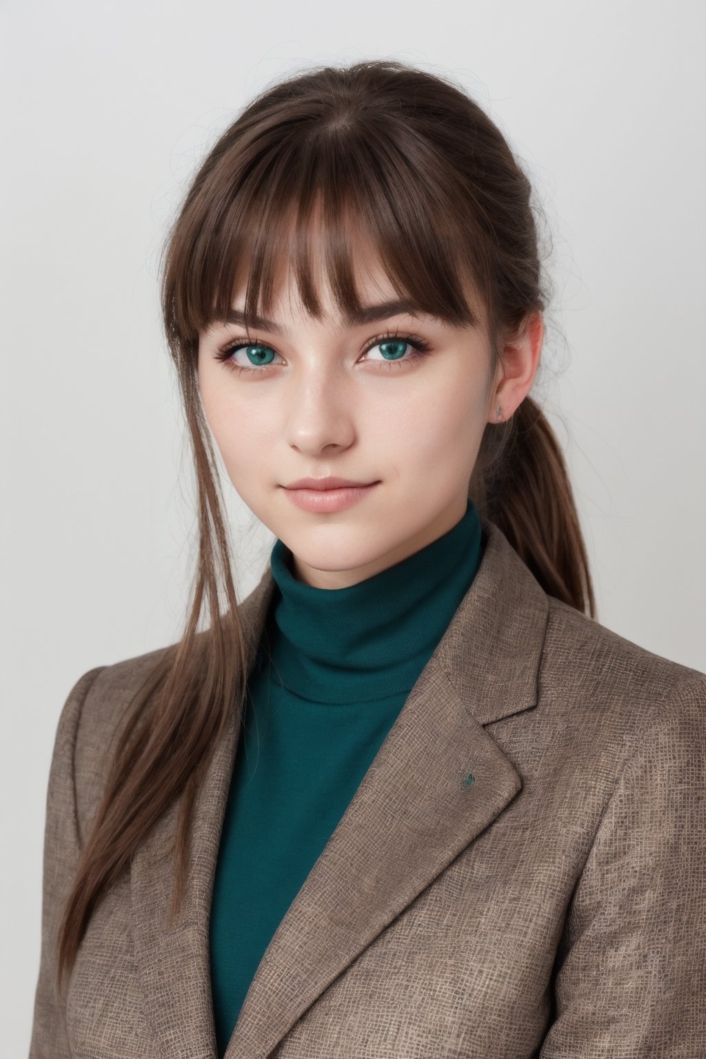 a photo of a cute 20-year-old woman, dgmochav2_TI, professional portrait photo,Slack-jawed awe look on face, high neck Emerald Kashmiri Pashmina Suit, high ponytail and parted bangs, brown hair, steelblue eyes, soft lighting, solo, background of Tech Startup