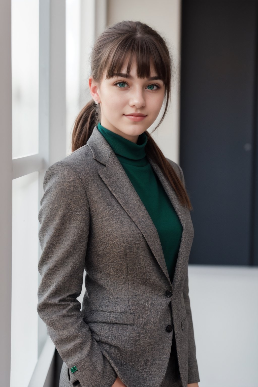 a photo of a cute 20-year-old woman, dgmochav2_TI, professional portrait photo,Slack-jawed awe look on face, high neck Emerald Kashmiri Pashmina Suit, high ponytail and parted bangs, brown hair, steelblue eyes, soft lighting, solo, background of Tech Startup