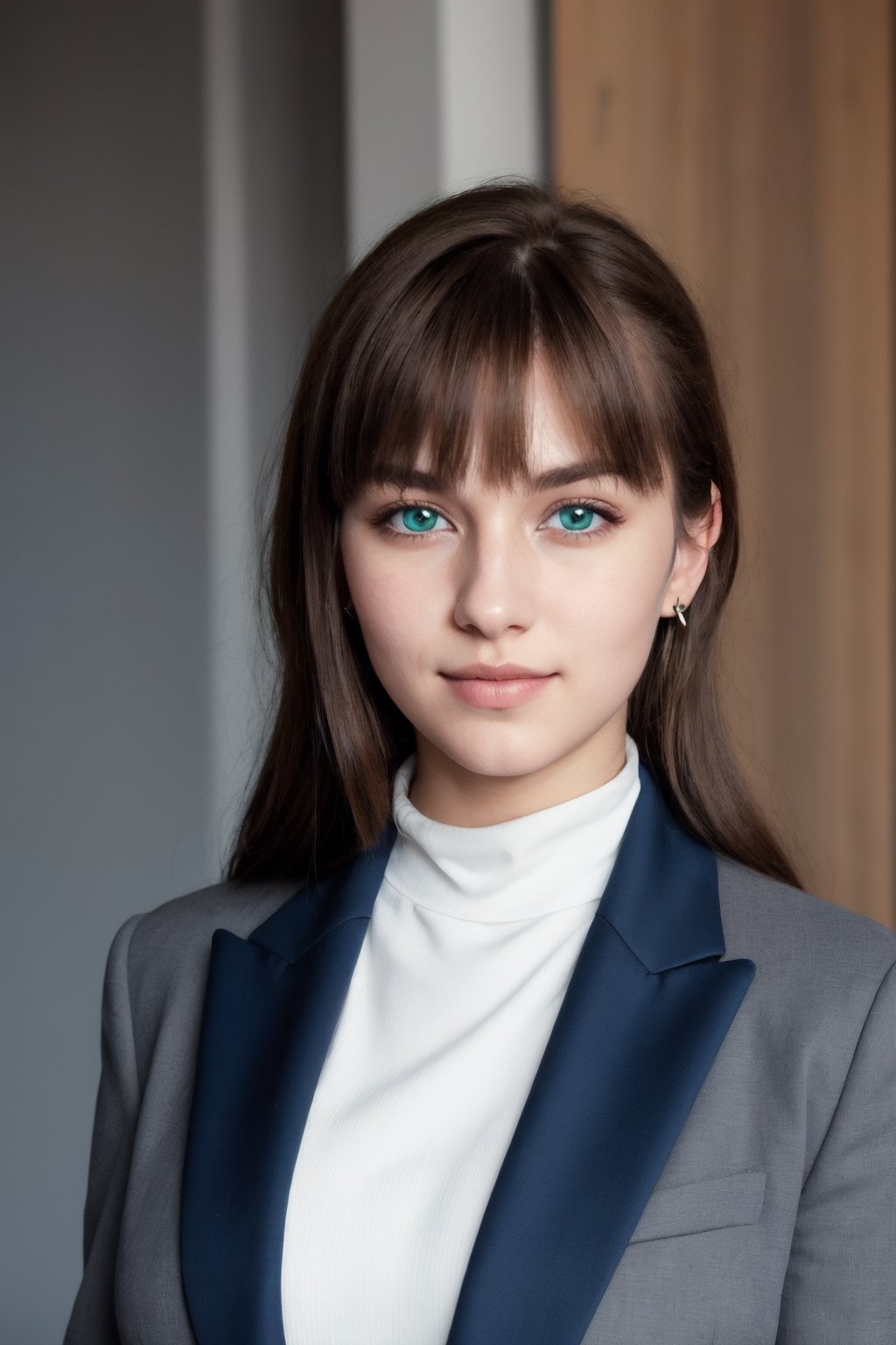 a photo of a cute 20-year-old woman, dgmochav2_TI, professional portrait photo,Slack-jawed awe look on face, high neck Emerald Kashmiri Pashmina Suit, high ponytail and parted bangs, brown hair, steelblue eyes, soft lighting, solo, background of Tech Startup