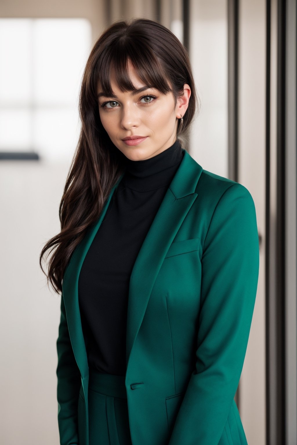 a photo of a cute 35-year-old woman, dgmochav2_TI, professional portrait photo,Slack-jawed awe look on face, high neck Emerald Kashmiri Pashmina Suit, high ponytail and bangs, black hair, green eyes, soft lighting, solo, background of Tech Startup