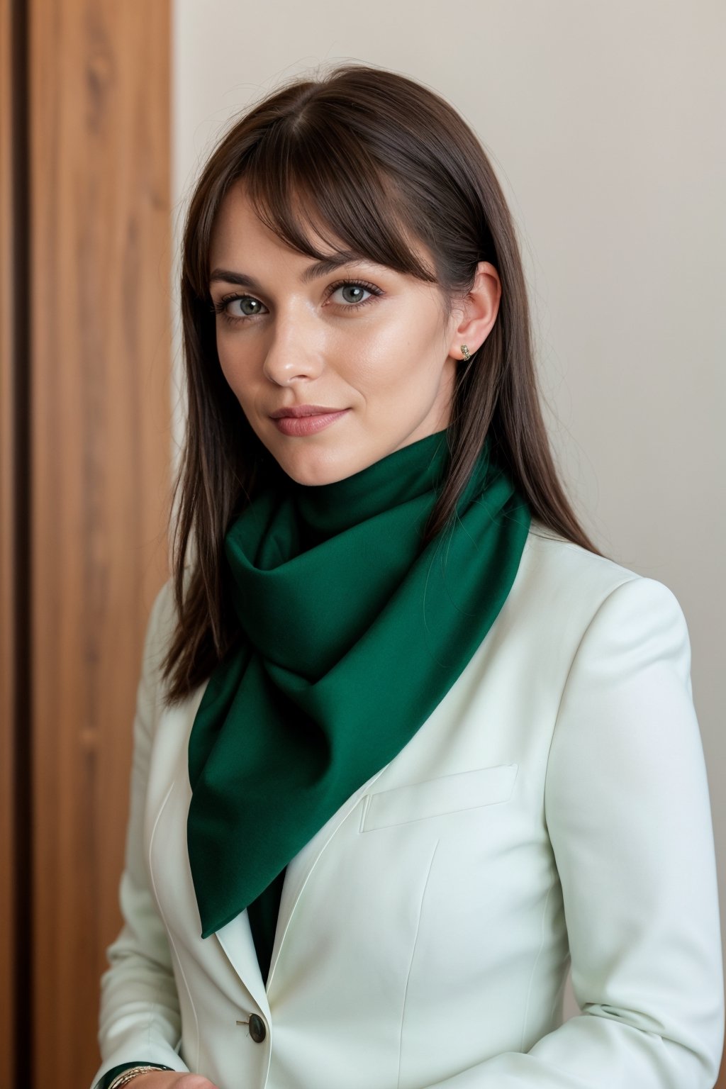 a photo of a cute 35-year-old woman, dgmochav2_TI, professional portrait photo,Slack-jawed awe look on face, high neck Emerald Kashmiri Pashmina Suit, high ponytail and bangs, black hair, green eyes, soft lighting, solo, background of Tech Startup