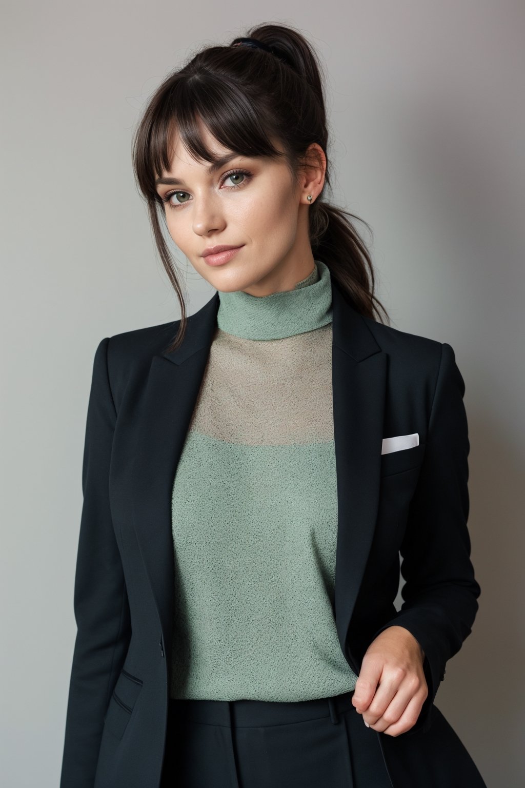 a photo of a cute 35-year-old woman, dgmochav2_TI, professional portrait photo,Slack-jawed awe look on face, high neck Emerald Kashmiri Pashmina Suit, high ponytail and bangs, black hair, green eyes, soft lighting, solo, background of Tech Startup