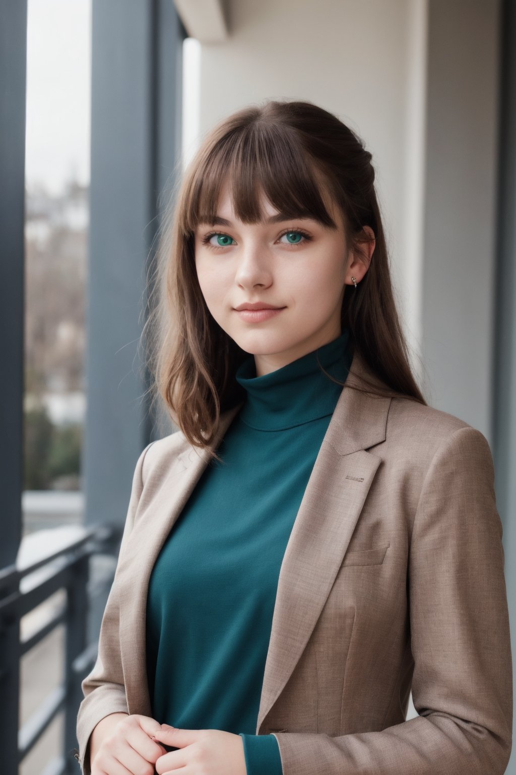 a photo of a cute 20-year-old woman, dgmochav2_TI, professional portrait photo,Slack-jawed awe look on face, high neck Emerald Kashmiri Pashmina Suit, high ponytail and parted bangs, brown hair, steelblue eyes, soft lighting, solo, background of Tech Startup