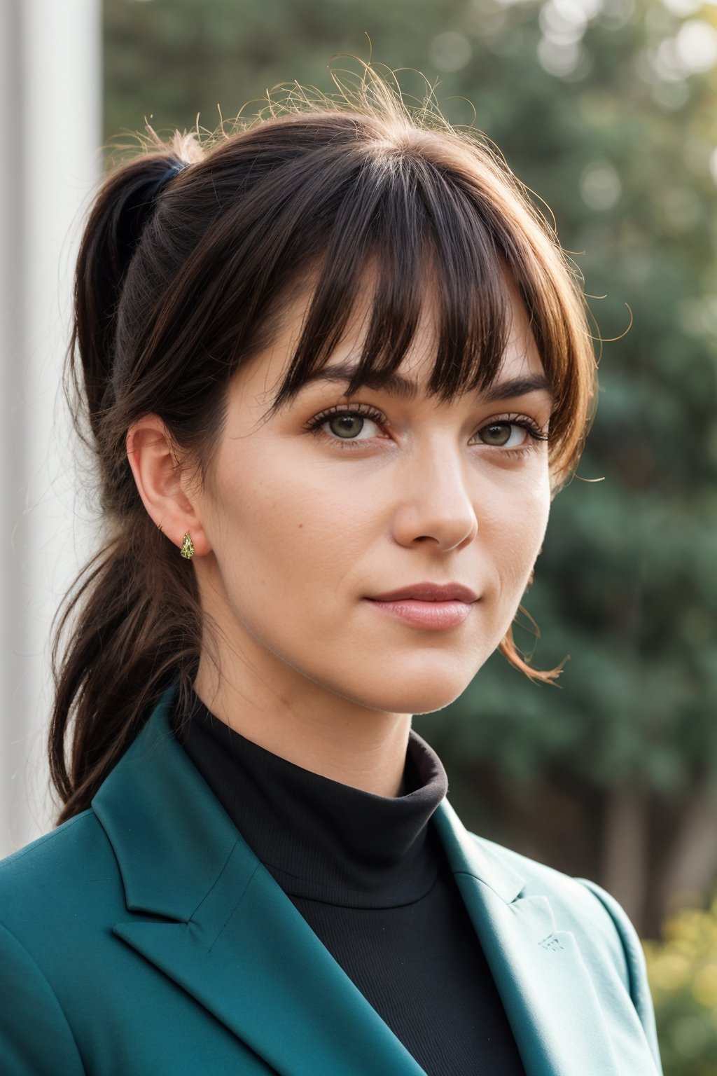 a photo of a cute 35-year-old woman, dgmochav2_TI, professional portrait photo,Slack-jawed awe look on face, high neck Emerald Kashmiri Pashmina Suit, high ponytail and bangs, black hair, green eyes, soft lighting, solo, background of Tech Startup